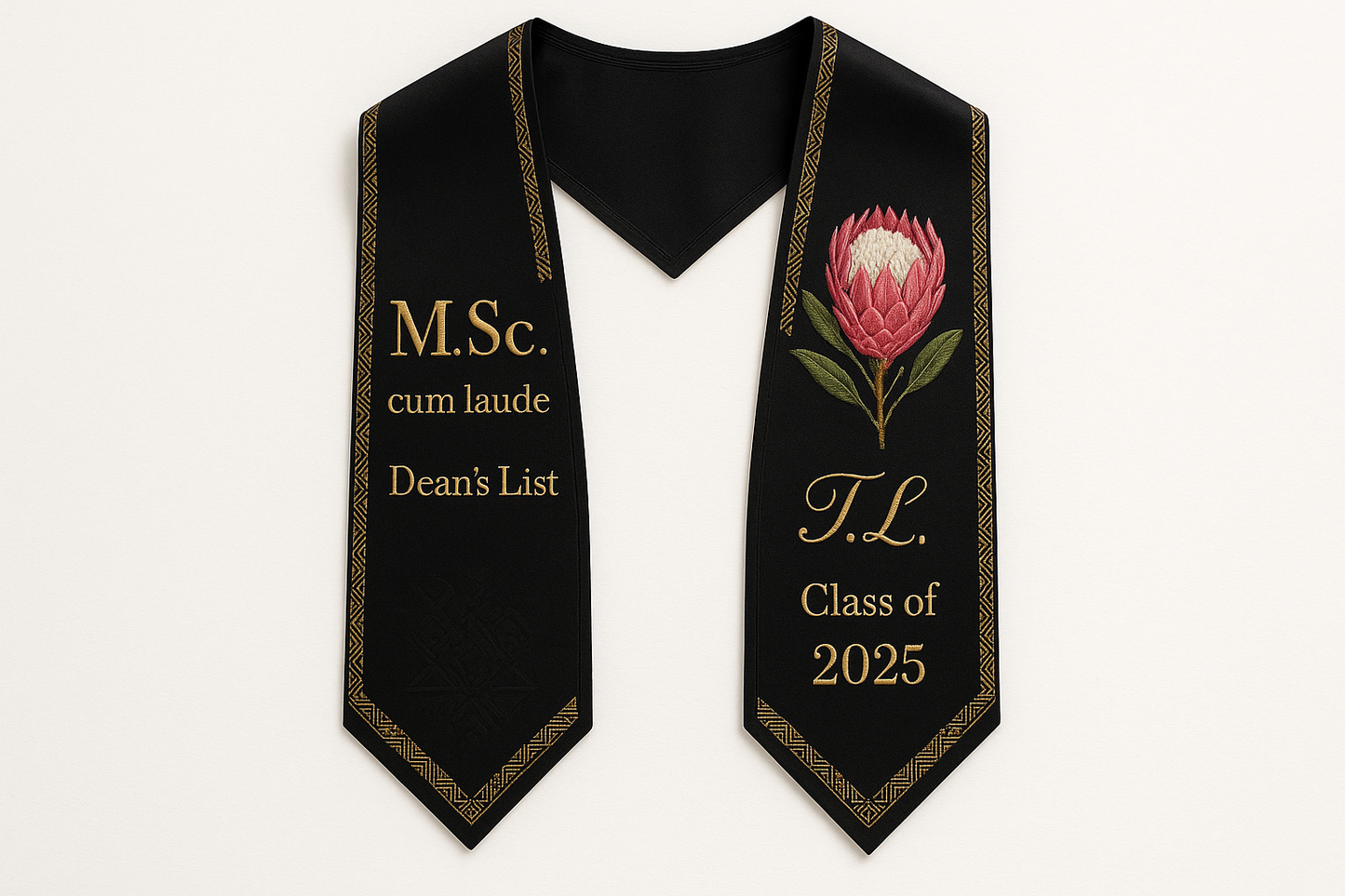 black graduation stole, with minimal African prints, 1 protea flower embroidered, M.Sc., cum laude, dean's list, initials, class of 2025