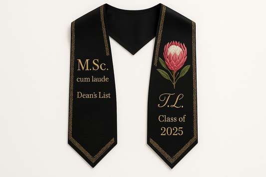 black graduation stole, with minimal African prints, 1 protea flower embroidered, M.Sc., cum laude, dean's list, initials, class of 2025