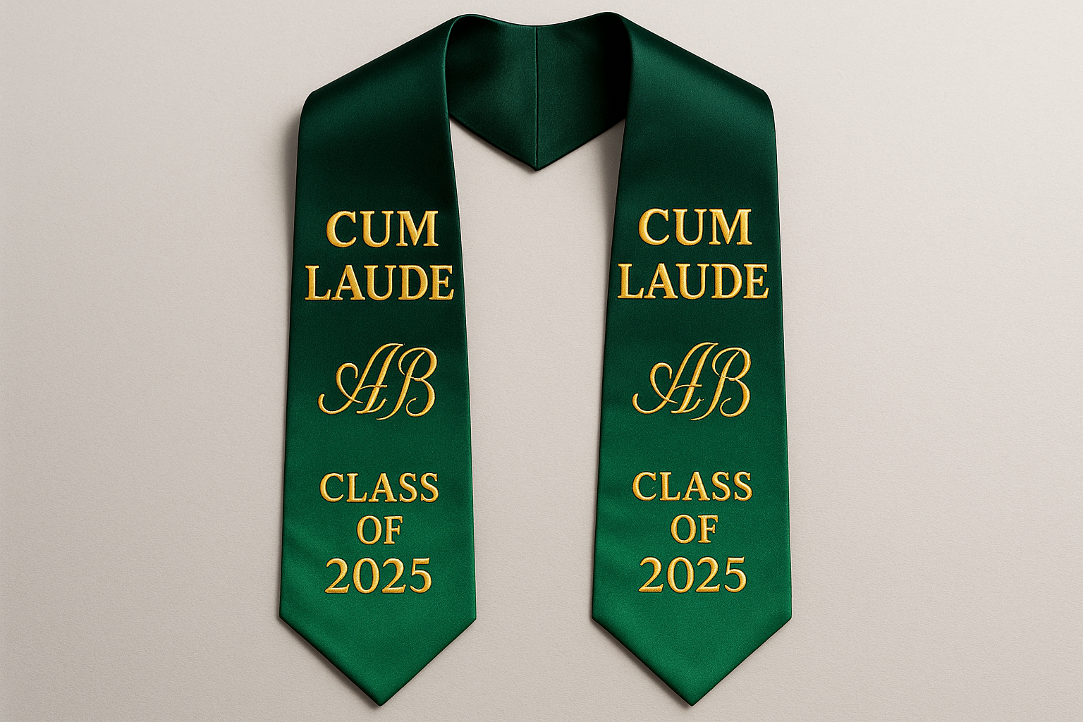 DEEP green gradation stole, cum laude, class of 2025 and initials