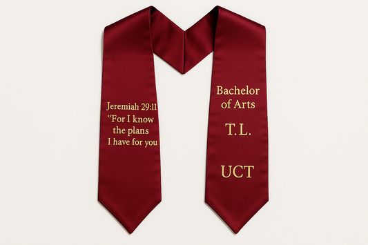 deep red graduation stole with no trimmings, Add any degree name, initials, a bible verse, any South African institutions names abbreviation