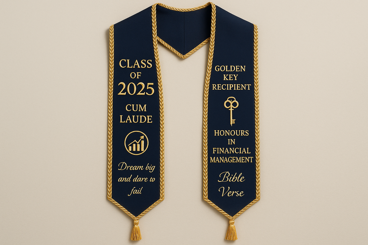 graduation stole, with trimming, class of 2025, cum laude, golden key recipient, Honours in Financial management, short quote, bible verse and finance logo embroidered