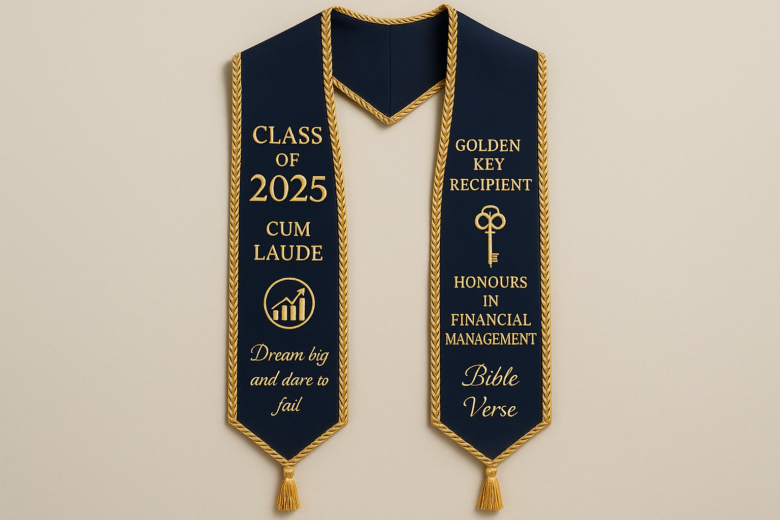 graduation stole, with trimming, class of 2025, cum laude, golden key recipient, Honours in Financial management, short quote, bible verse and finance logo embroidered