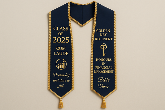 graduation stole, with trimming, class of 2025, cum laude, golden key recipient, Honours in Financial management, short quote, bible verse and finance logo embroidered